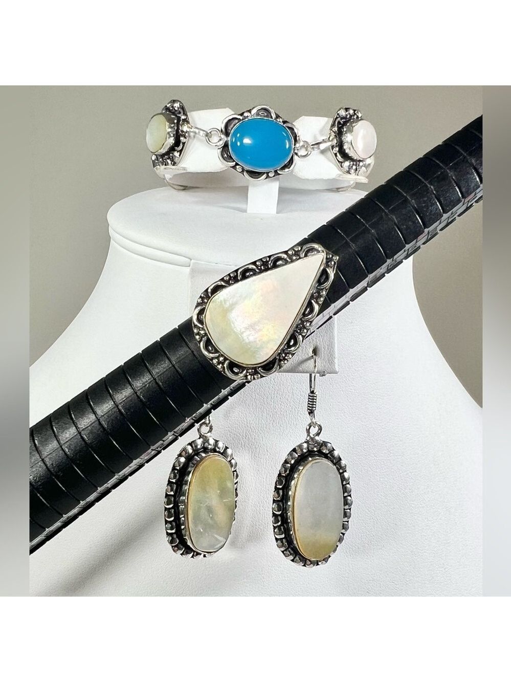 Mother of Pearl Chalcedony 925 Bracelet & Earrings ONLY